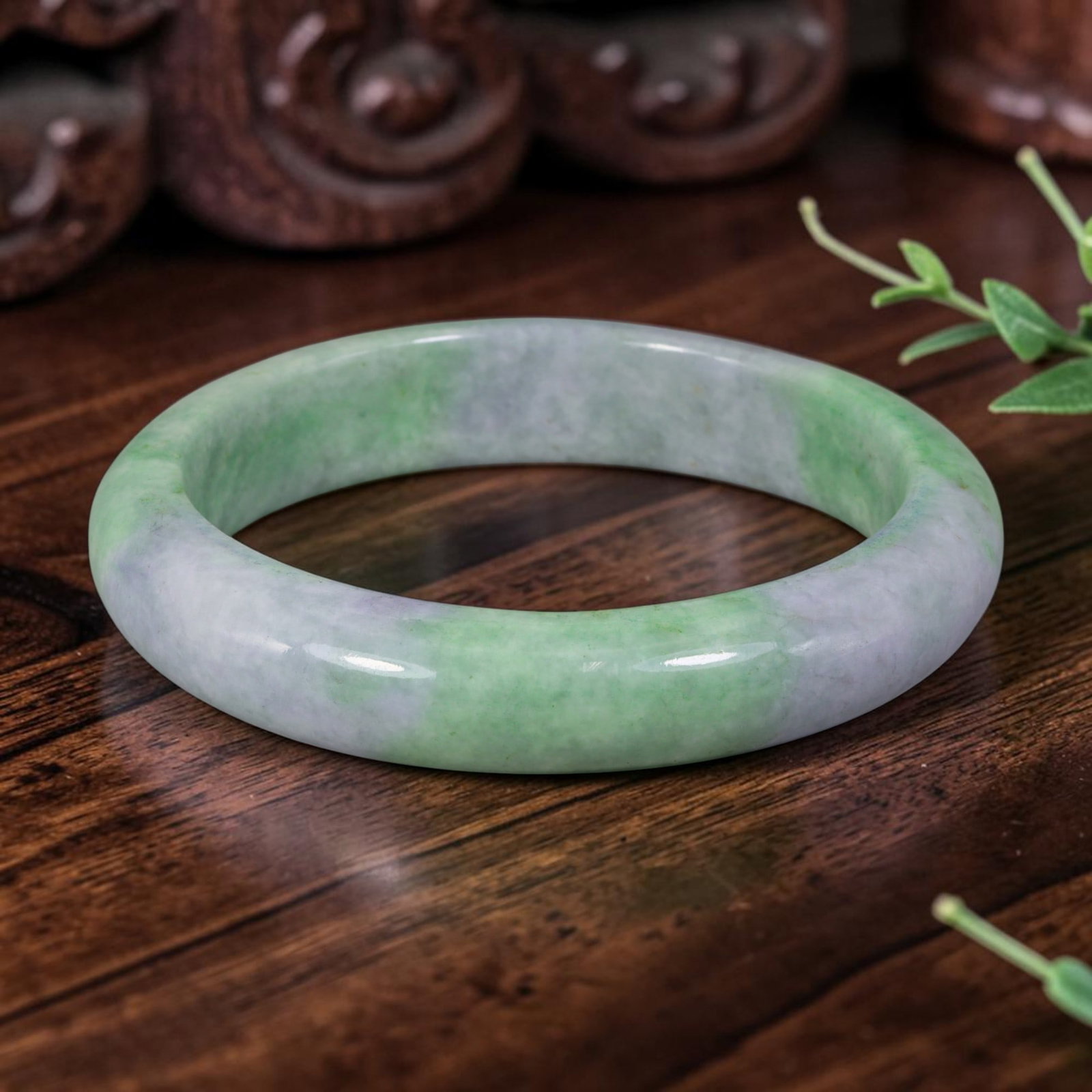 Natural Burmese Type A Green & Lavender Jadeite Jade Bangle Bracelet, 14YM (1 of 2)