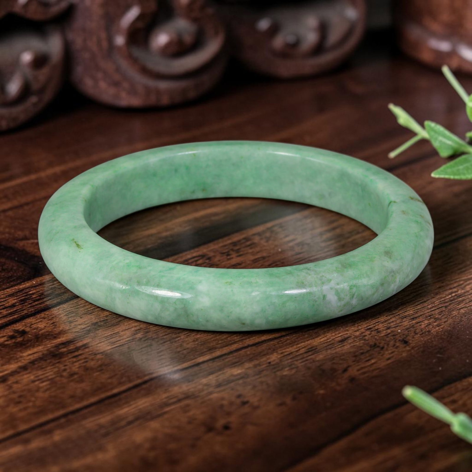 Natural Burmese Type A Solid Apple Green Jadeite Jade Bangle Bracelet, 13YM: Crafted from natural Burmese Type A jadeite jade, this large-size bangle displays consistent soft apple green tone with subtle faint mineral flecks forming a mild Moss in Snow pattern. The entire band