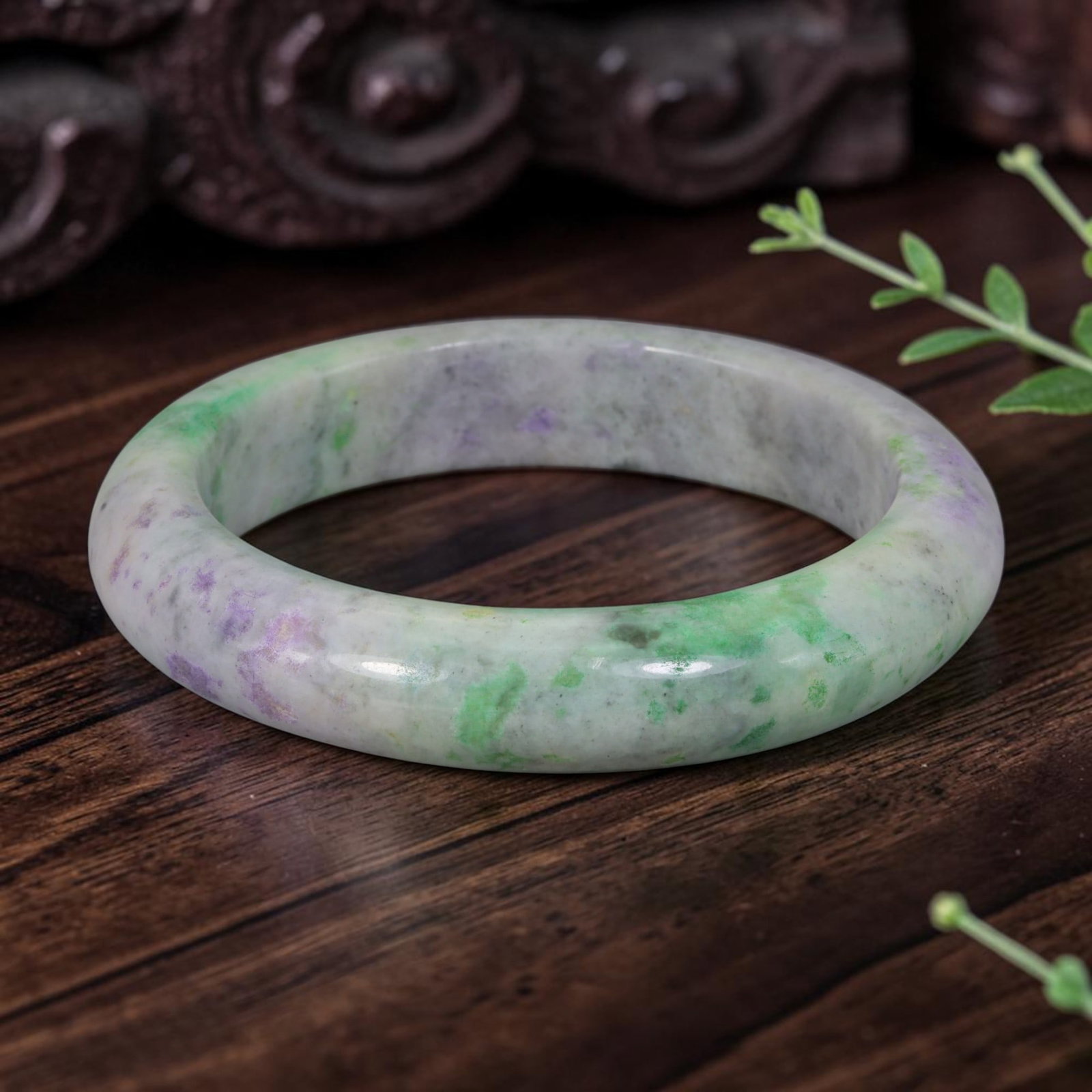 Natural Burmese Type A Lavender & Green Jadeite Jade Bangle Bracelet, 70AZ: Crafted from natural Burmese Type A jadeite jade, this bangle features scattered speckles of fresh green and soft lavender dispersed across a pale muted white base, forming a delicate Moss in Snow pat