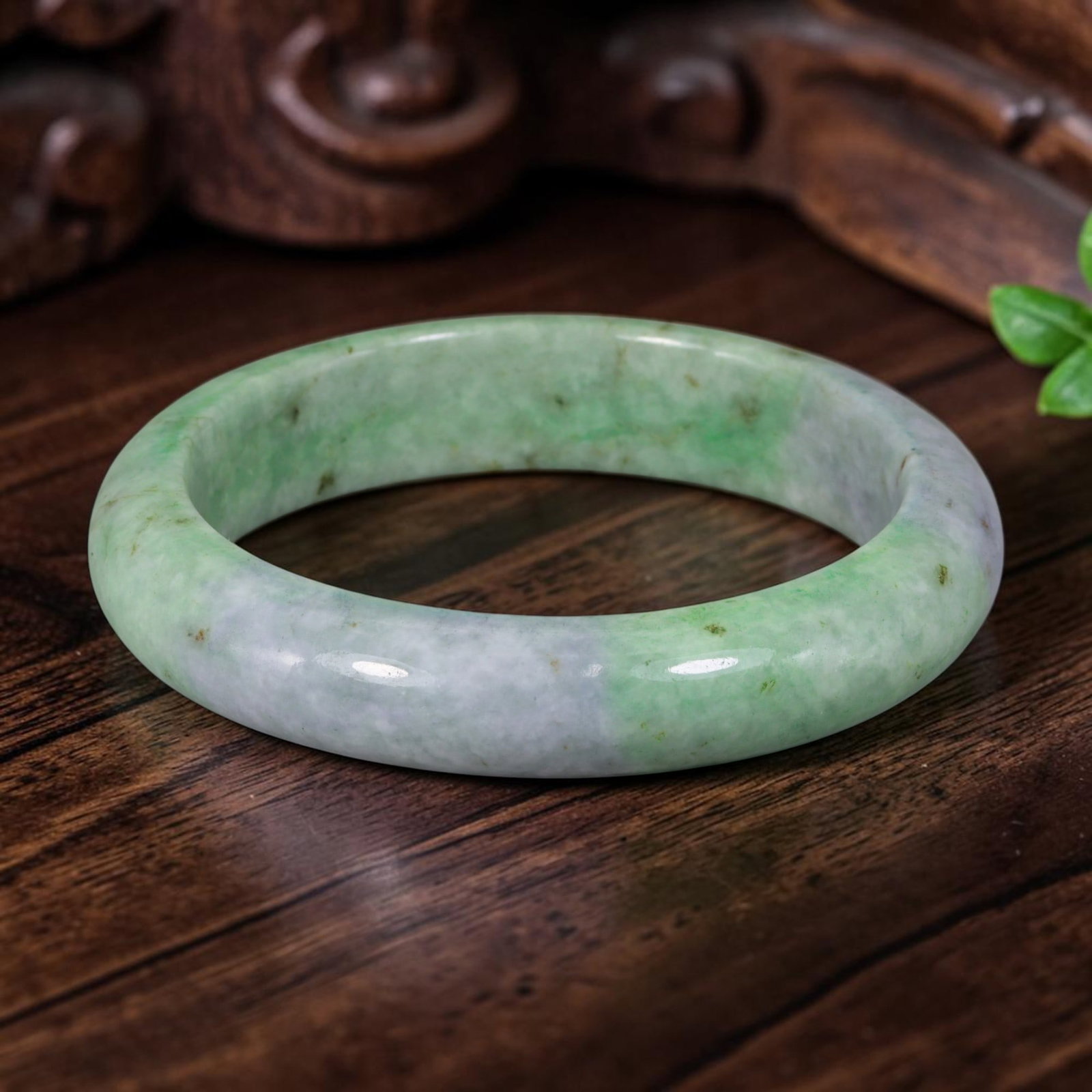 Natural Burmese Type A Two-Tone Green & White Jadeite Jade Bangle Bracelet, 15YM: Crafted from natural Burmese Type A jadeite jade, this wide bangle features distinct blocks of fresh green merging with pale milky white, forming a classic block-style Moss in Snow pattern with tiny m