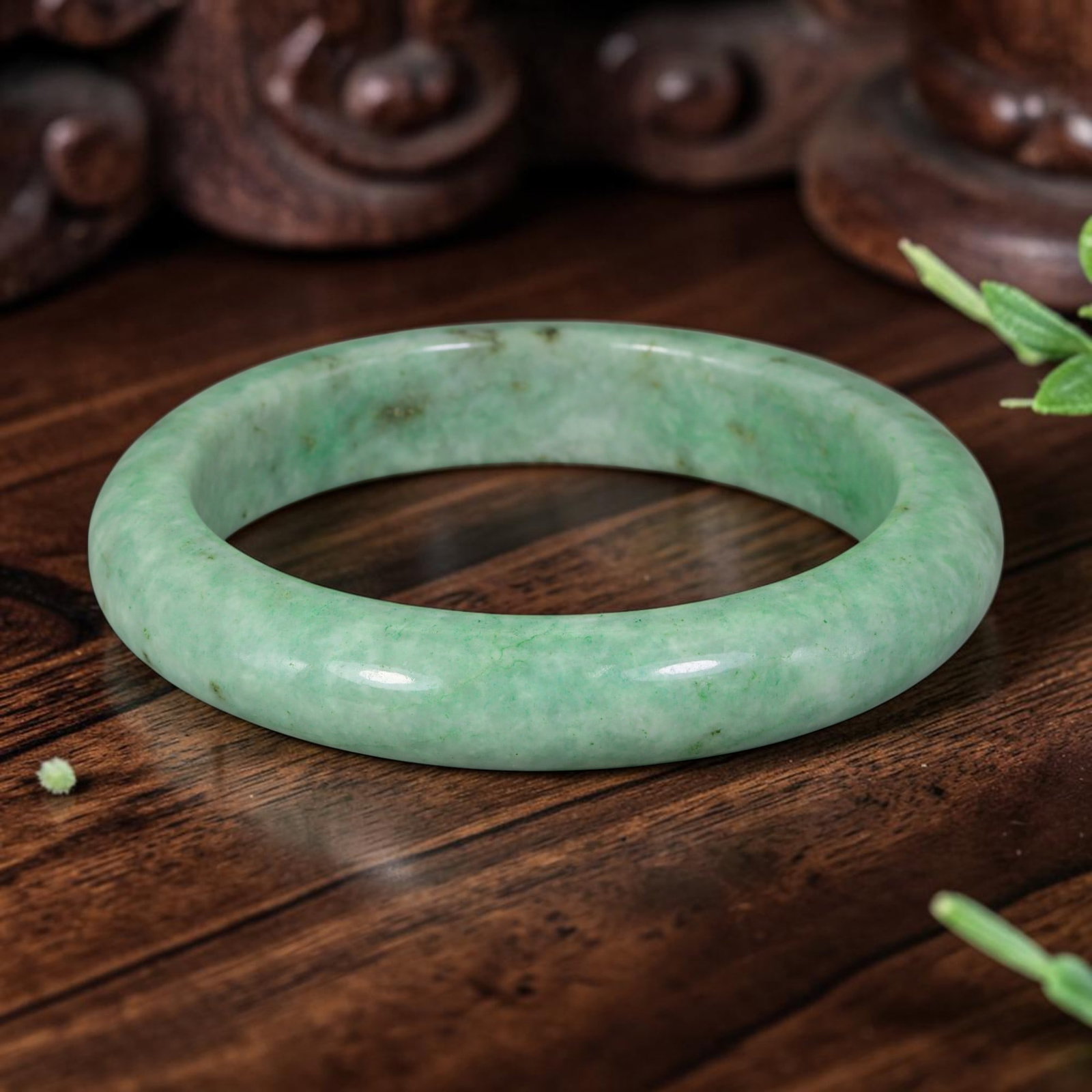 Natural Burmese Type A Apple Green Jadeite Jade Bangle Bracelet, 71AZ: Crafted from natural Burmese Type A jadeite jade, this large-size bangle features an even apple green base dotted with fine scattered green speckles, forming a subtle Moss in Snow pattern. The surface