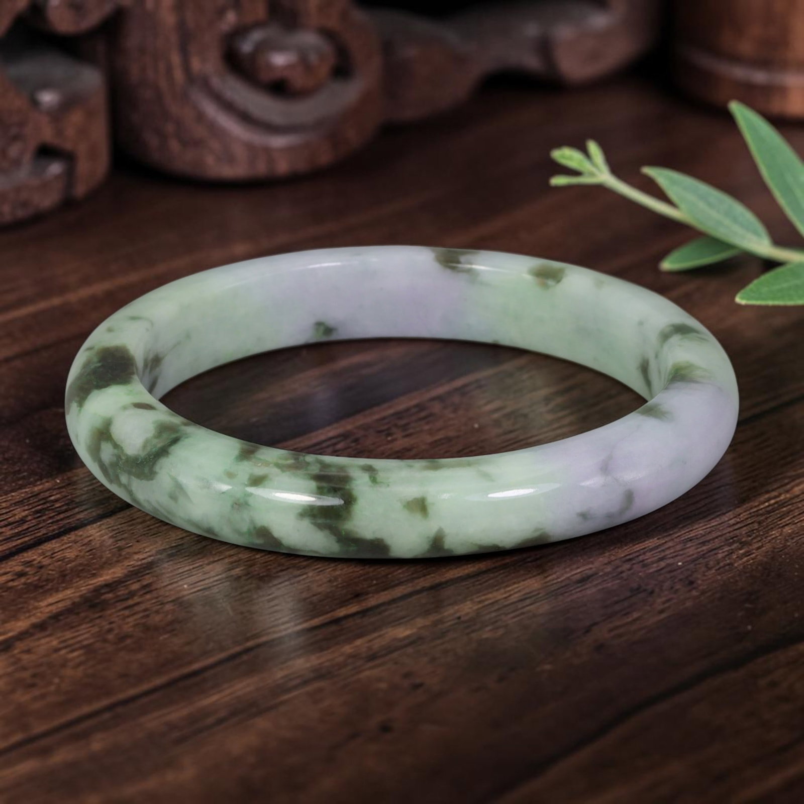 Natural Burmese Type A Lavender & Green Jadeite Jade Bangle Bracelet, 65AZ: Crafted from natural Burmese Type A jadeite jade, this slim-profile bangle has deep forest green mottling flowing across pale green and soft lavender sections, forming a delicate Moss in Snow pattern.