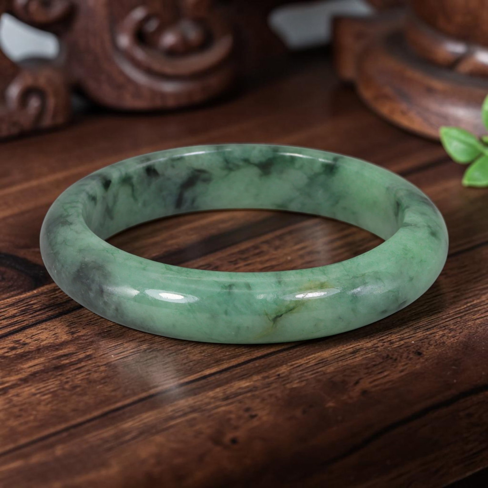 Natural Burmese Type A Ink Green Floating Flower Jadeite Jade Bangle Bracelet, 9YM: Crafted from natural Burmese Type A jadeite jade, this bangle features flowing dark ink-green floating inclusions drifting across a translucent light green base, forming a stunning ink-wash Moss in Sn