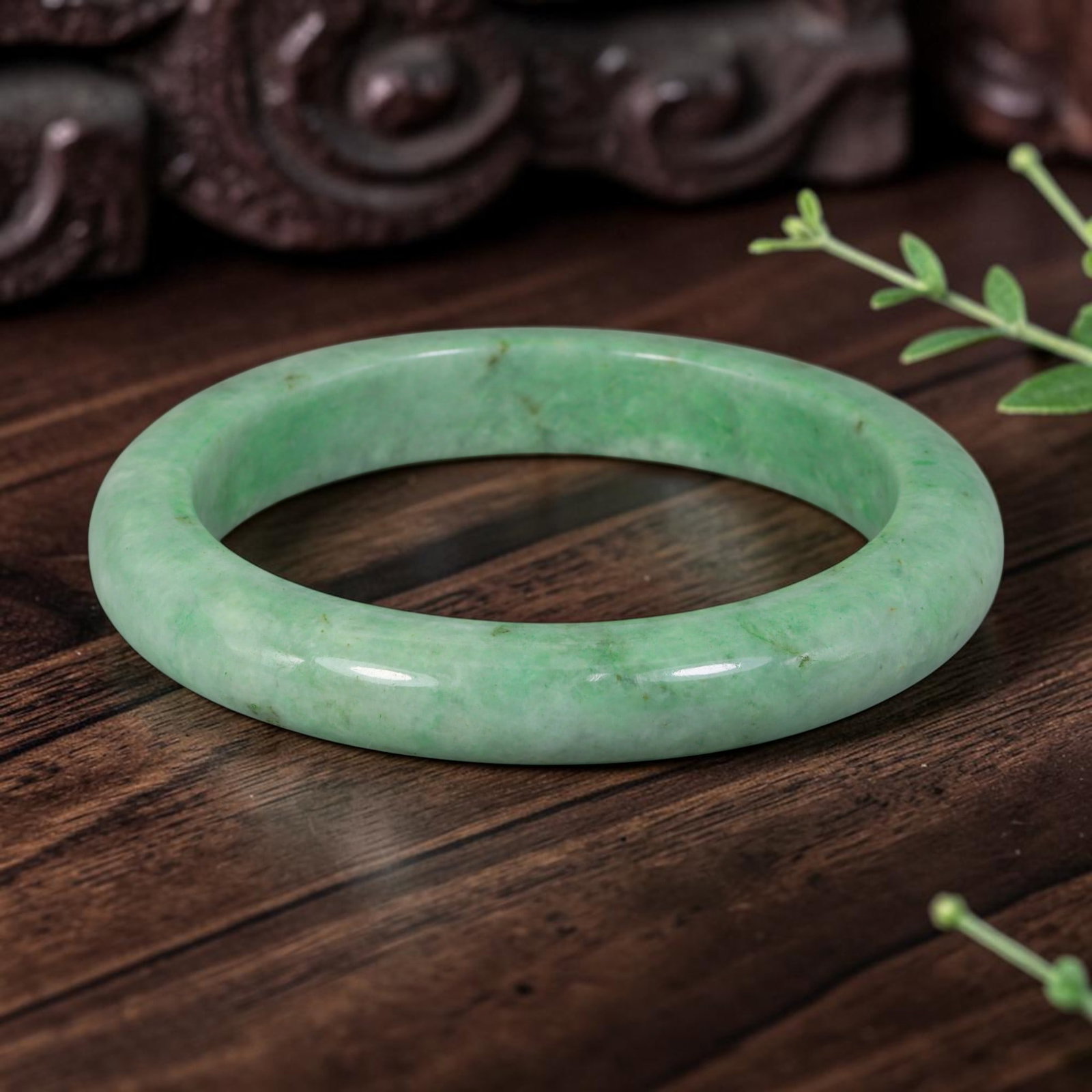 Natural Burmese Type A Uniform Apple Green Jadeite Jade Bangle Bracelet, 12YM: Crafted from natural Burmese Type A jadeite jade, this large-sized bangle carries a consistent soft apple green tone with faint natural mineral veining forming understated Moss in Snow texture. The en