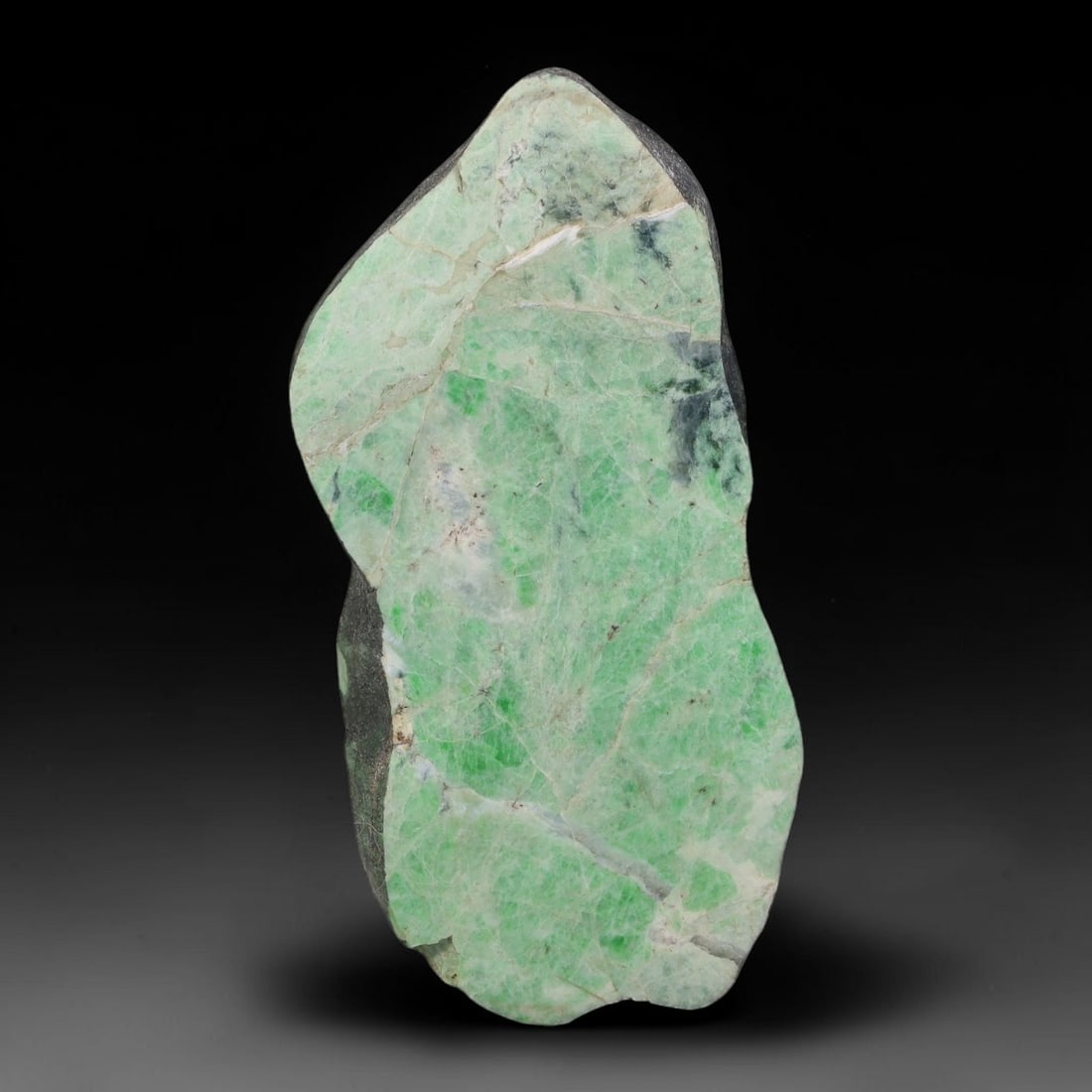 405ct Natural Type A Burmese Jadeite Jade Sliced Rough, 47AZ: This specimen is a sliced rough block of natural Type A Burmese jadeite jade. The interior displays natural colour zoning with visible mineral veining and crystalline patterns typical of unprocessed j