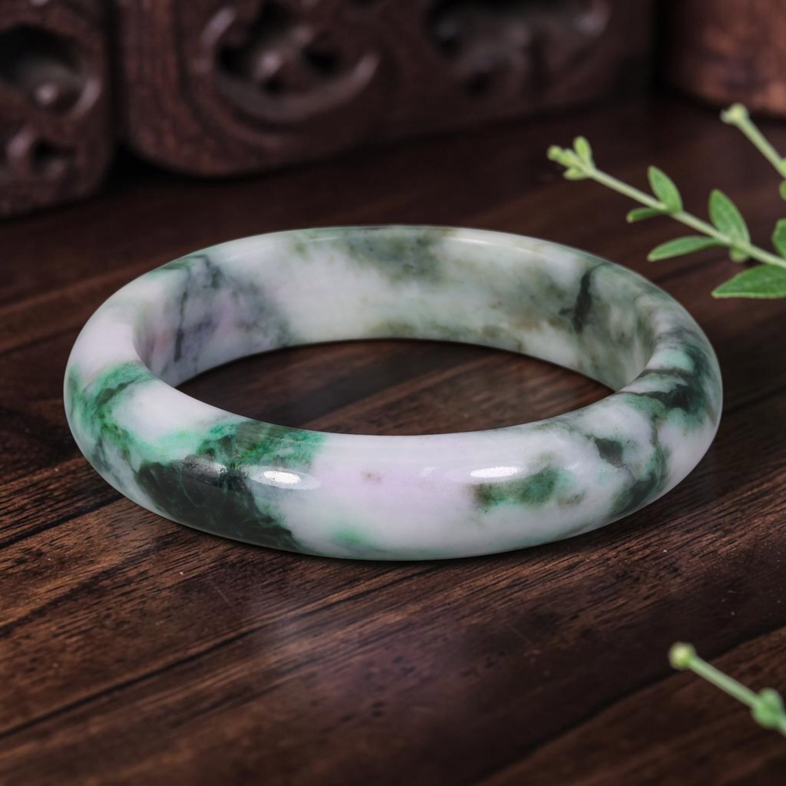 Natural Burmese Type A Green & Lavender Jadeite Jade Bangle Bracelet, 68AZ: Crafted from natural Burmese Type A jadeite jade, this bangle exhibits vivid swirling green and deep dark mottling blended with soft lavender patches on a milky white base, forming a classic Moss in S
