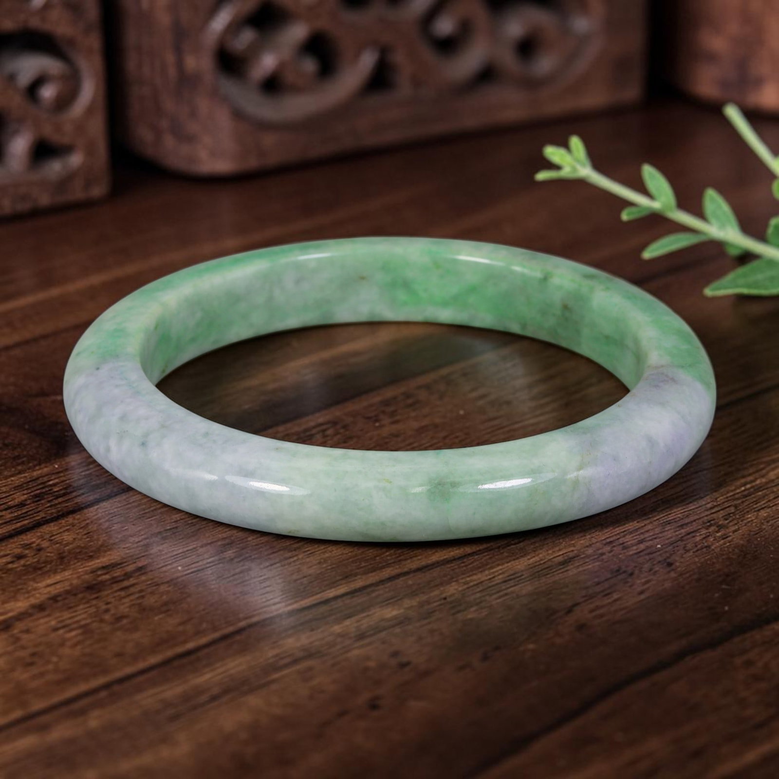 Natural Burmese Type A Green & Lavender Jadeite Jade Bangle Bracelet, 74AZ: Crafted from natural Burmese Type A jadeite jade, this large-sized bangle features a smooth color gradient from vibrant apple green transitioning into soft lavender and milky white, presenting a gentl