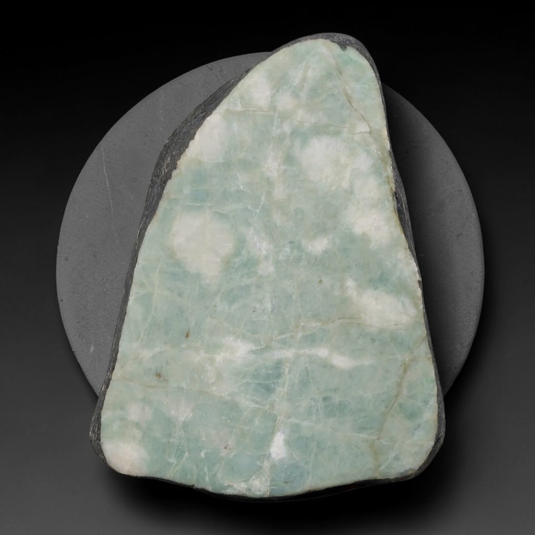 385ct Natural Type A Burmese Jadeite Jade Sliced Rough, 34AZ: This specimen is a sliced rough block of natural Type A Burmese jadeite jade. The interior displays natural colour zoning with visible mineral veining and crystalline patterns typical of unprocessed j