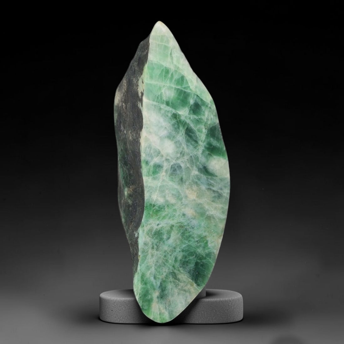 175ct Natural Type A Burmese Jadeite Jade Sliced Rough, 21AZ: This specimen is a sliced rough block of natural Type A Burmese jadeite jade. The interior displays natural colour zoning with visible mineral veining and crystalline patterns typical of unprocessed j