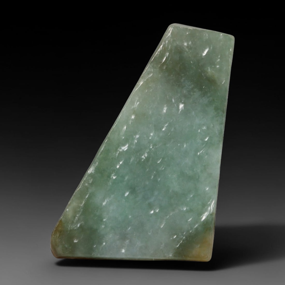 190ct Natural Type A Burmese Jadeite Jade Polished Sliced Rough, 92AZ: This specimen is a sliced rough block of natural Type A Burmese jadeite jade. The interior displays natural colour zoning with visible mineral veining and crystalline patterns typical of unprocessed j