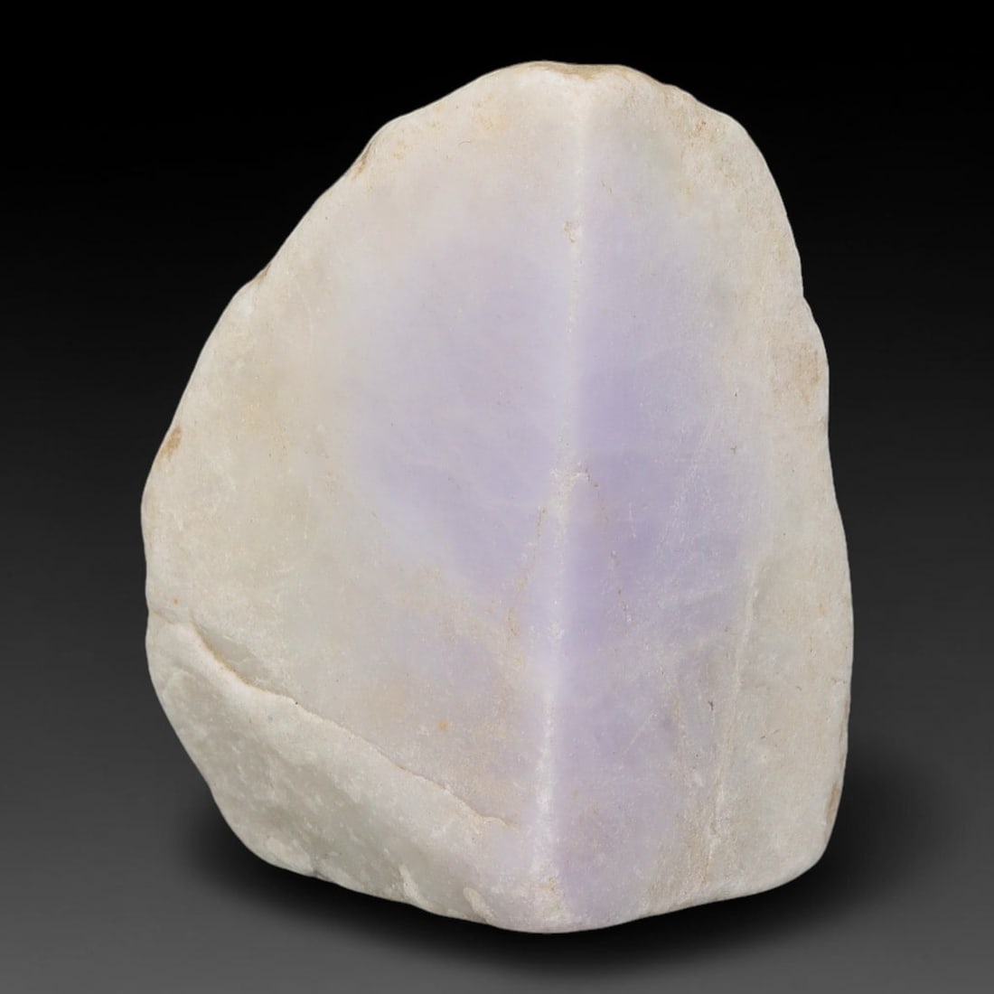 615ct Natural Type A Burmese Lavender Jadeite Jade Sliced Rough, 59YN: This specimen is a natural sliced rough piece of untreated Type A Burmese jadeite, retaining weathered natural outer skin on one side while its cut polished face displays soft, translucent lavender hu