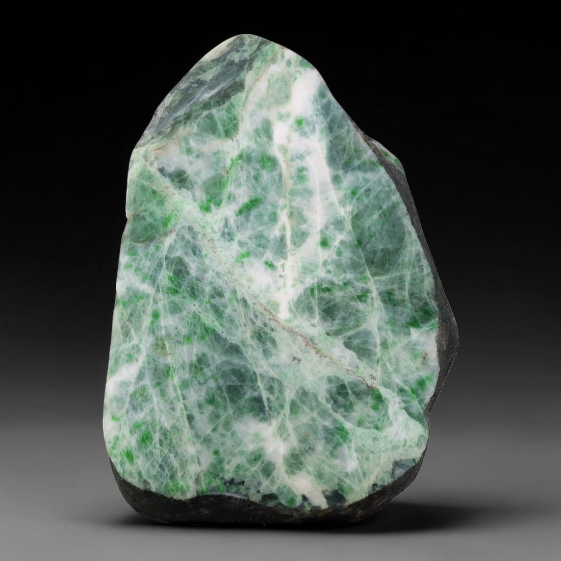 510ct Natural Type A Burmese Jadeite Jade Sliced Rough, 93YN: This specimen is a sliced rough block of natural Type A Burmese jadeite jade. The interior displays natural colour zoning with visible mineral veining and crystalline patterns typical of unprocessed j
