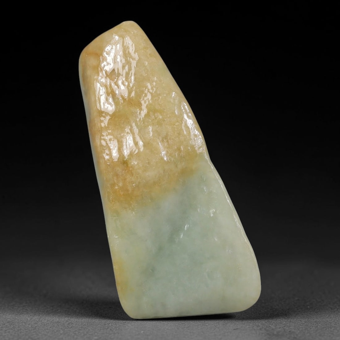 144ct Natural Type A Burmese Jadeite Jade Polished Sliced Rough, 89AZ: This specimen is a sliced rough block of natural Type A Burmese jadeite jade. The interior displays natural colour zoning with visible mineral veining and crystalline patterns typical of unprocessed j