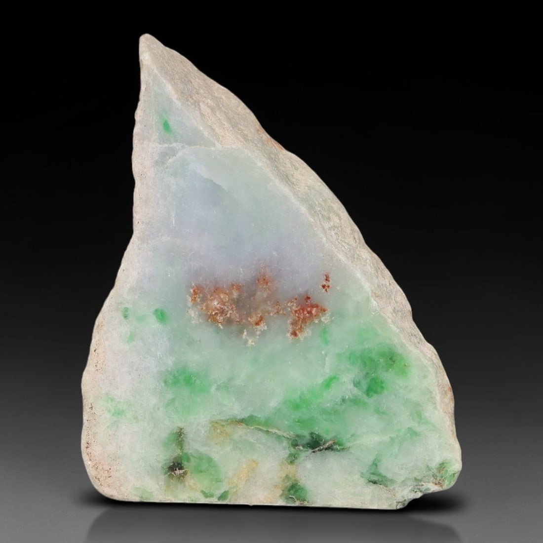 230ct Natural Type A Burmese Jadeite Jade Sliced Rough, 48YN: This specimen is a natural sliced rough block of Type A Burmese jadeite, retaining its original weathered outer rind on one face with a polished interior cut surface revealing translucent pale lavende