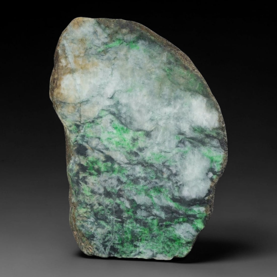465ct Natural Type A Burmese Variegated Green Jadeite Jade Sliced Rough, 56YN: This specimen is a natural sliced rough block of untreated Type A Burmese jadeite, retaining original weathered outer rind along its perimeter with two polished cut faces displaying swirling variegate