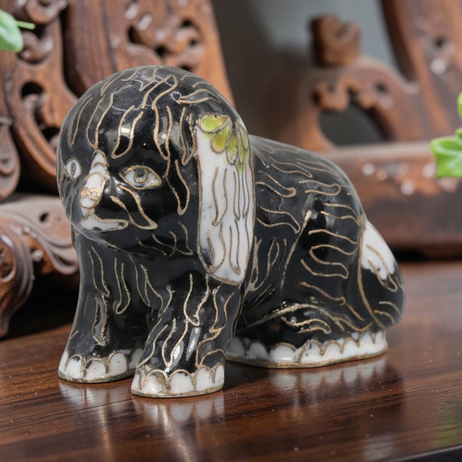 Vintage Chinese Copper Cloisonne Dog Figurine - Enamel Animal Statue, 36YF: Crafted from copper base metal with fine cloisonne wire filigree and hand-fired polychrome enamel glazes, this whimsical miniature dog figurine features a glossy black enamel coat with gold-toned wire