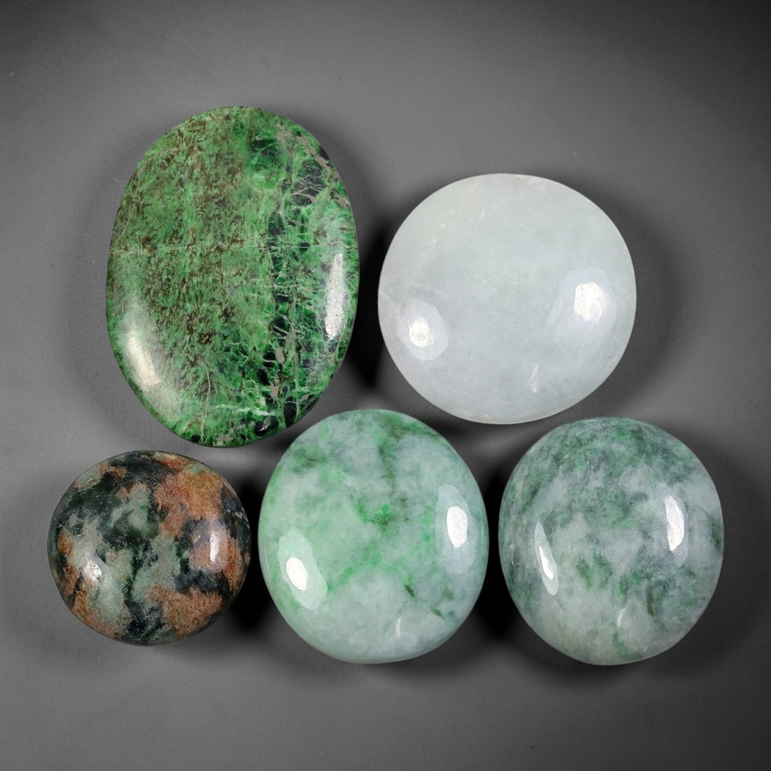 5pcs 106ct Natural Burmese Type A Earth Rust Web Moss Ice Jadeite Jade Cabochons, 80AV: This wholesale bulk set contains 5 fully untreated natural Burmese Type A mixed round and oval jadeite jade cabochons with a total combined weight of 106ct, largest dimension 30x21mm. This assortment 