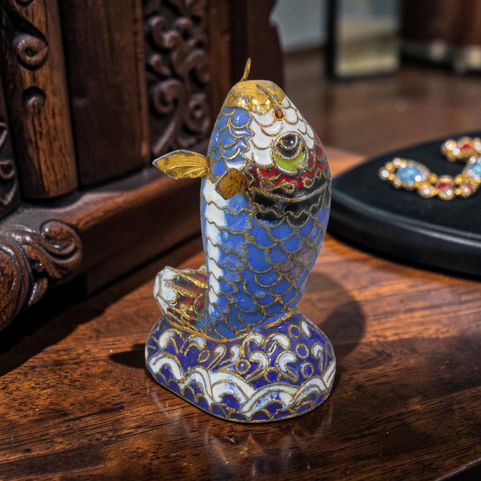 Vintage Chinese Blue Cloisonne Carp Fish Figurine - Wave Gilded Wire Auspicious Ornament, 50AR: Handcrafted copper cloisonne carp statuette measuring 7cm tall and 4cm wide, a classic traditional symbol representing surplus and good fortune. The fish's body is covered in layered deep blue and whi
