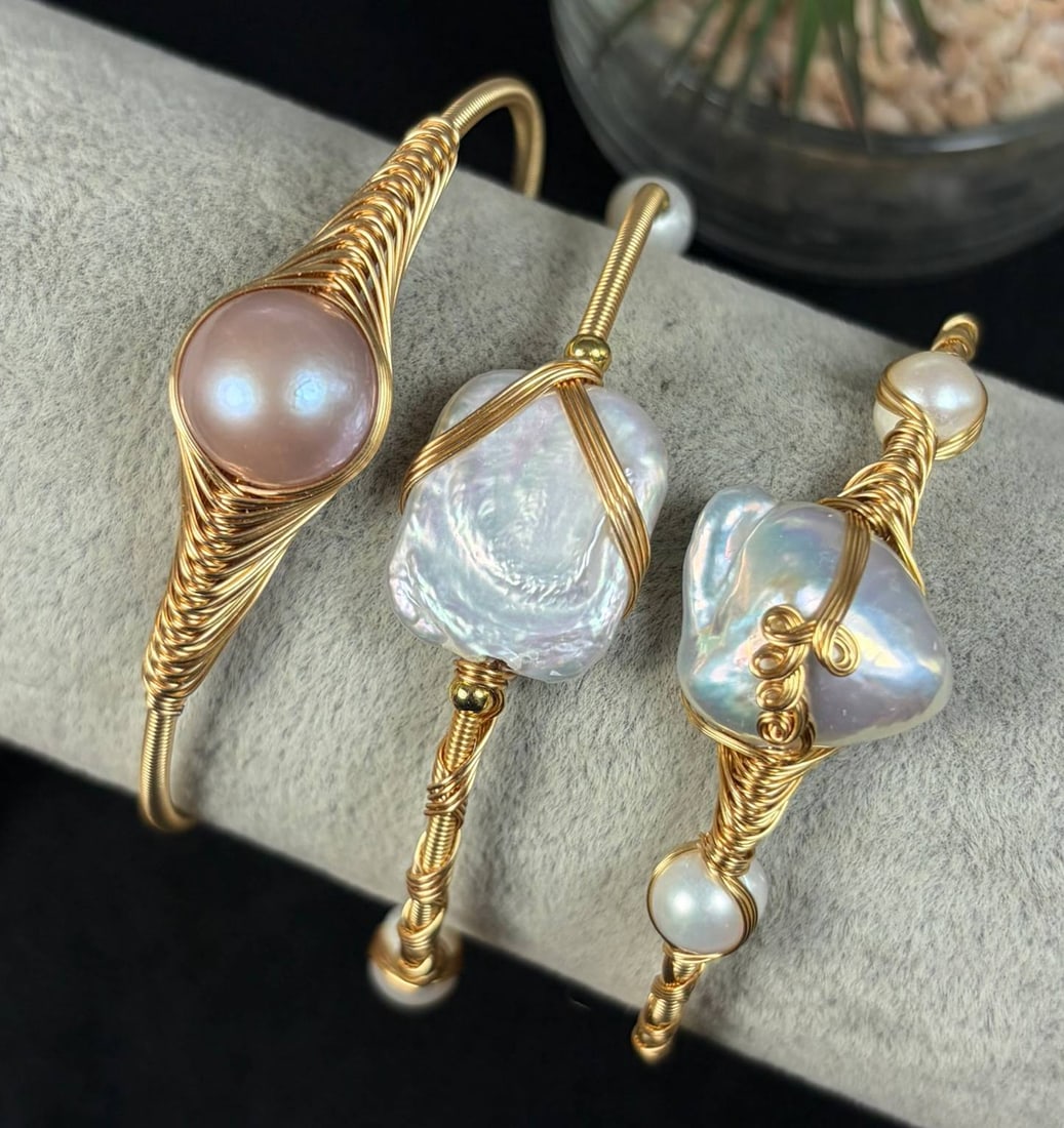 Lot of 3 Natural Baroque Pearl Gold-Toned Wire Wrapped Open Cuff Bracelets Handmade, 11EB: Handmade set of 3 adjustable open cuff bangles made with gold-toned craft wire wrapped around natural untreated baroque freshwater pearls in soft pink and iridescent white hues, each with distinct min