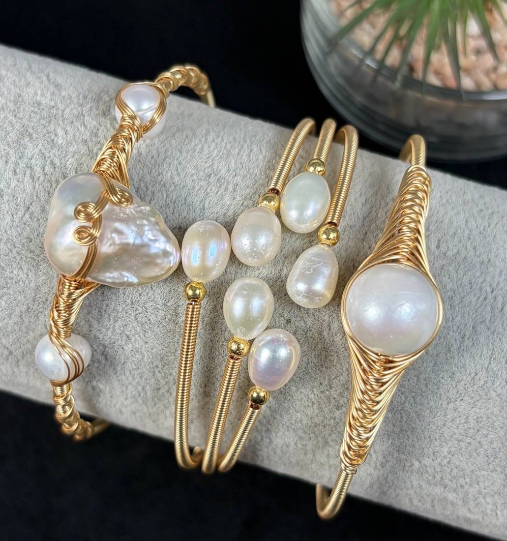 Lot of 3 Natural White Baroque Pearl Gold-Toned Wire Wrapped Open Cuff Bracelets Handmade, 23EB: Handmade set of 3 adjustable open cuff bangles crafted with gold-toned craft wire wrapped around natural untreated white baroque freshwater pearls with soft iridescent sheen, each featuring distinct h