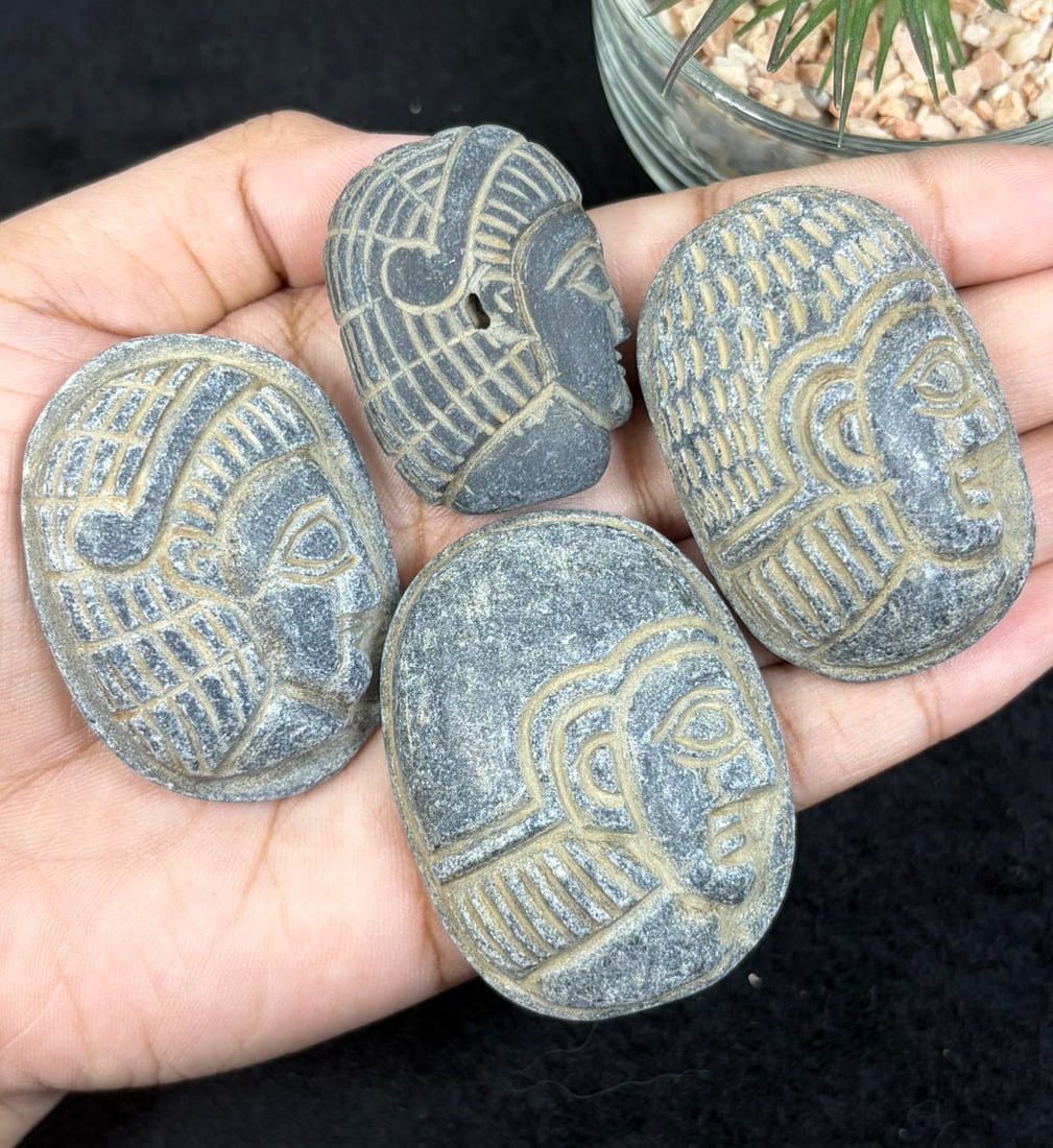 Lot Of 4 Antique Egyptian Schist Intaglio with Profile Head Motif, 84AR: Hand-carved from schist stone, each intaglio bears precisely incised stylized profile human heads, featuring patterned hair detailing, defined facial features, and traditional Egyptian headdress icono