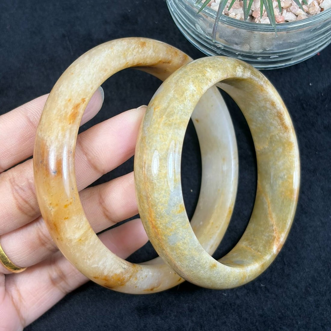 Lot of 2 Natural Burmese Type A Yellow Russet Jadeite Bangles, 57mm & 61.8mm, 29AV: Pair of fully untreated Type A jadeite bangles with inner diameters of 57mm and 61.8mm, creamy pale jade base naturally streaked with warm golden russet brown mineral markings, smooth wide polished ba