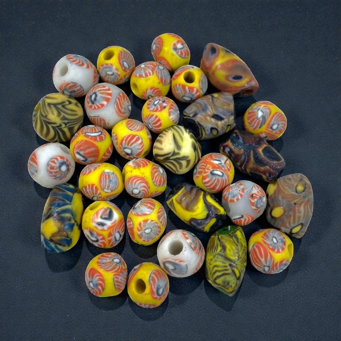 Lot of 29 Vintage Millefiori Mixed Shape Glass Beads Yellow Red Eye Pattern Lampwork Beads, 85AA: Vintage bulk set of 29 handcrafted millefiori lampwork glass beads, ranging 1-1.8cm with mixed round, oval and barrel shapes. Features standout eye motif inlays with bright yellow, white and red palet