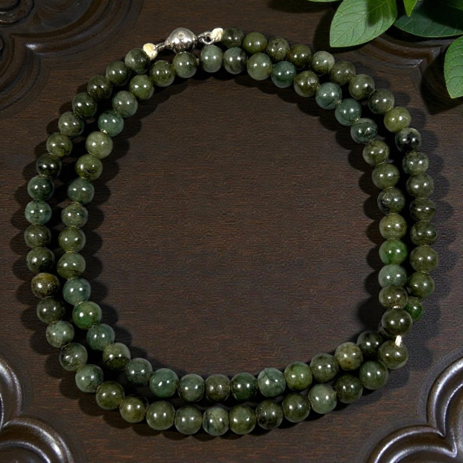Natural Burmese Deep Green Type A Jadeite Jade Bead Necklace, 34YG: A continuous strand of uniformly spherical polished Type A jadeite beads displaying deep forest green base tone with natural mottled veining, subtle shade variations and inherent mineral inclusions th