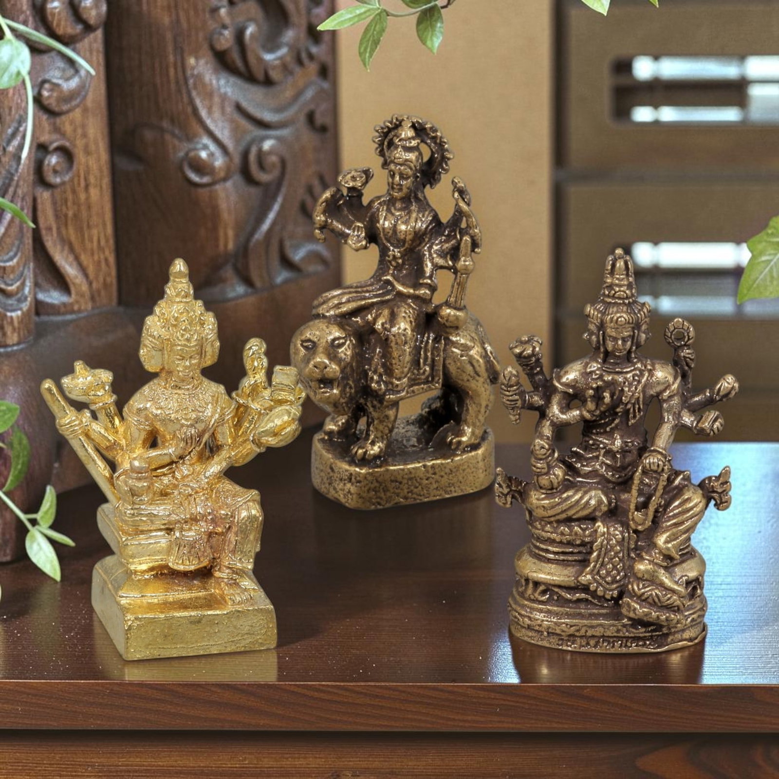 Thai Vintage Copper Alloy Hindu Deity Devotional Figures - 3pcs Set, 95ZB: This set of three devotional figures is crafted from copper alloy, exhibiting a warm aged patina and fine surface wear consistent with vintage Thai folk religious art. The pieces depict revered Hindu 