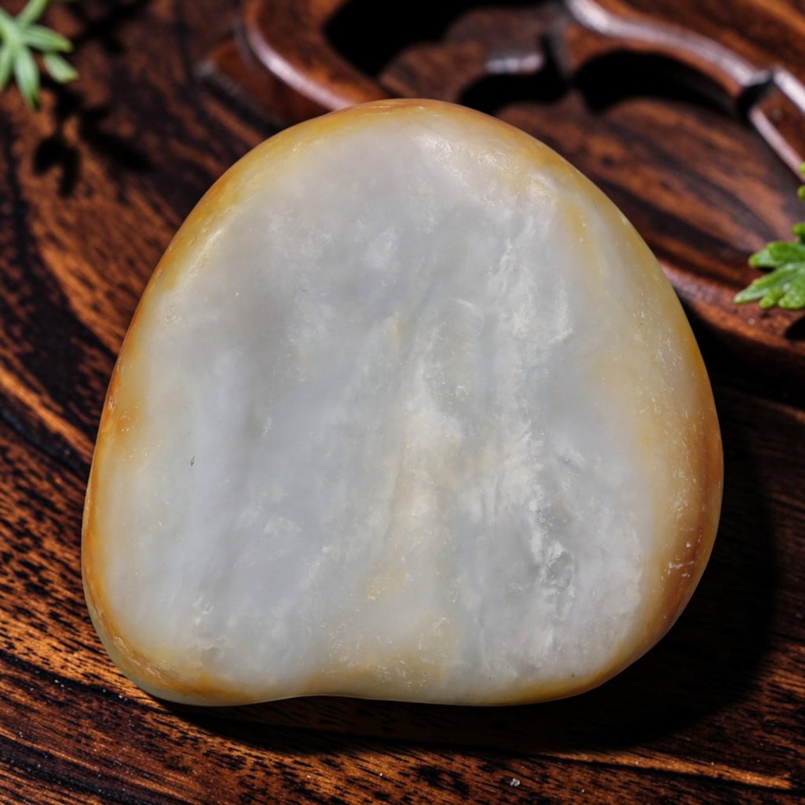 Natural Chinese Hetian Mutton Fat Nephrite Raw Seed Pebble Jade Stone, 82AS: This unprocessed raw specimen is authentic natural Chinese Hetian mutton fat nephrite seed pebble jade. It boasts a large smooth milky mutton fat white interior wrapped with uniform light golden russe