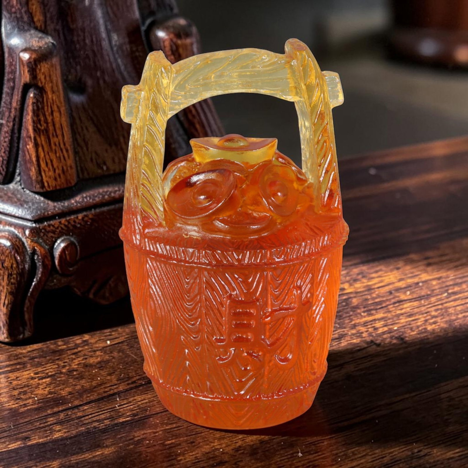 Vintage Chinese Gradient Honey Amber Liuli Glass Ornament - Wealth Bucket Ingot Decor, 57AS: This decorative table ornament is fully sculpted from translucent frosted gradient honey-amber vintage Chinese liuli glass, crafted into a traditional fortune bucket motif symbolizing "a full bucket o