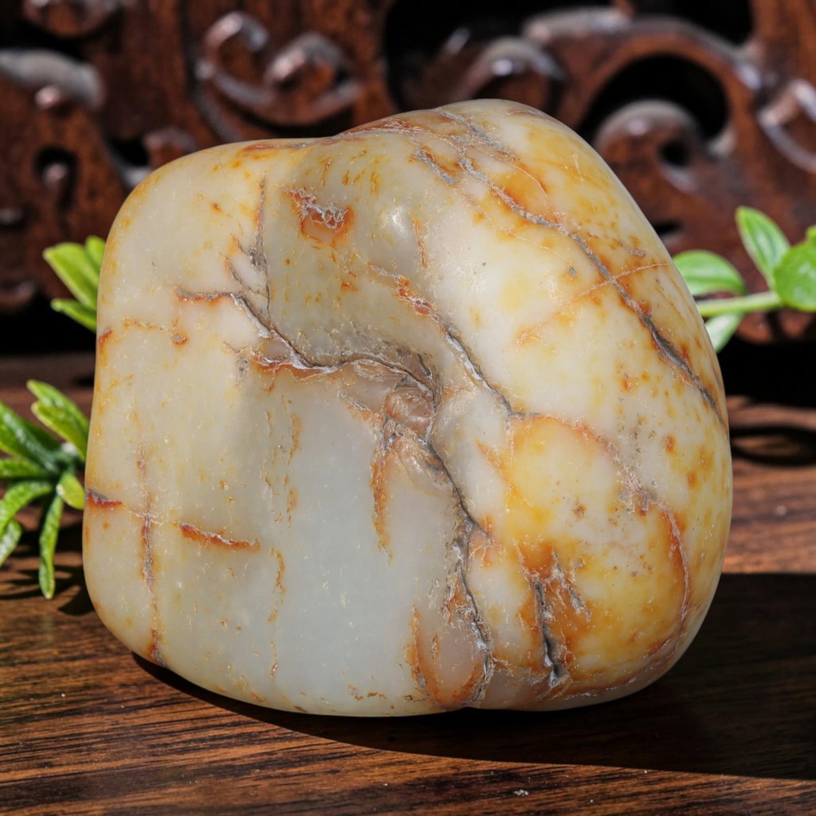 Natural Chinese Hetian Mutton Fat Nephrite Raw Seed Pebble Jade Stone, 70AS: This fully unprocessed raw specimen is genuine natural Chinese Hetian mutton fat nephrite seed pebble jade. It features a soft milky mutton fat white core, naturally wrapped in scattered golden-orange