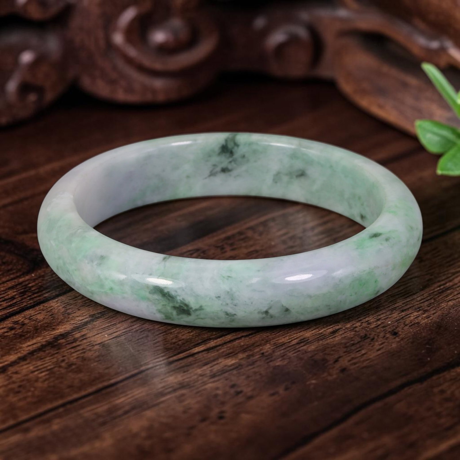 Natural Burmese Type A Floating Dark Green Jadeite Jade Bangle Bracelet, 7YM: Crafted from natural Burmese Type A jadeite jade, this bangle features soft cloud-like dark green floating inclusions scattered evenly over a pale milky white base, forming a classic cloud-style Moss 