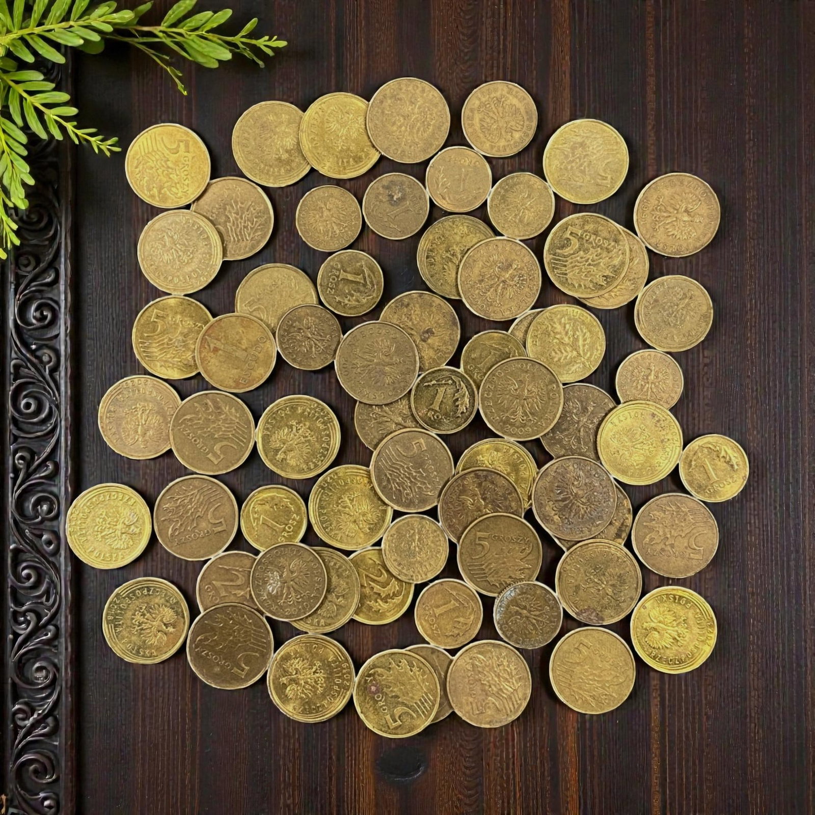 POLAND: National Emblem Continuity - Grosz Bulk Coin Lot, 12V: This extensive lot of Polish Grosz coins is unified by the iconic crowned white eagle, Poland's enduring national symbol. Denominations range from 1 to 5 Grosz pieces, their brass surfaces marked by e