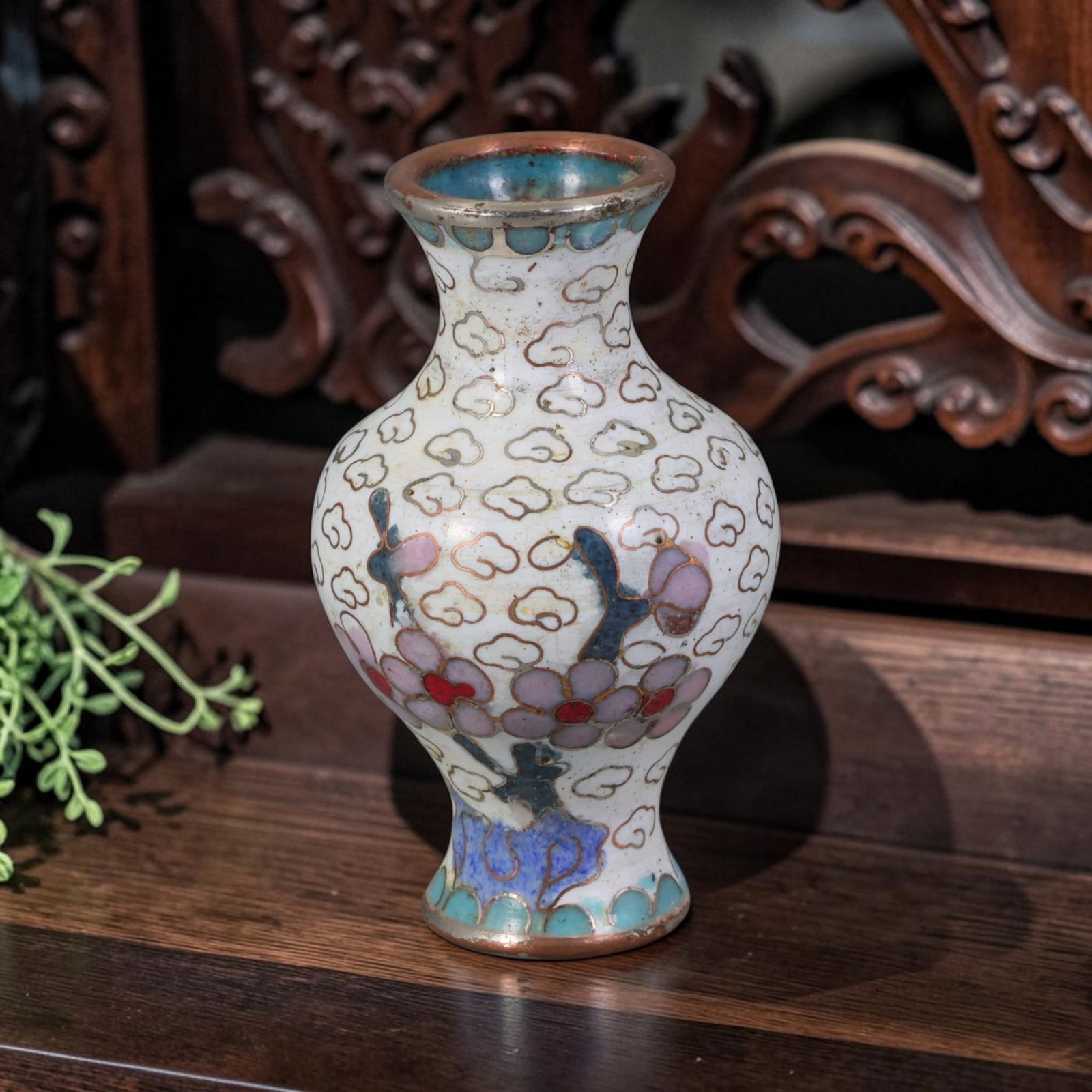 Vintage Chinese Copper Cloisonne Mini Vase - Plum Blossom White Enamel Vessel, 37AR: Constructed on a copper base with fine copper cloisonne wire filigree and hand-fired colored enamel glazes. This miniature baluster vase features an off-white enamel ground densely patterned with deli