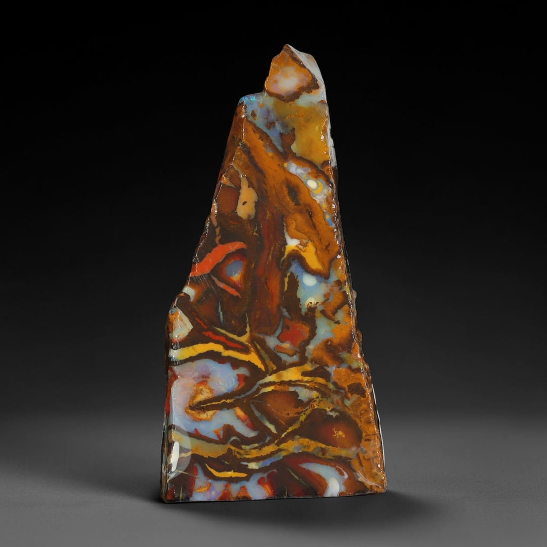27.24ct Natural Australian Queensland Boulder Opal Sliced Slab Cutting Rough, 59YL: Natural sliced slab rough of Queensland boulder opal cutting grade, featuring rich color ironstone matrix with patterns. The face clearly reveals extensive opal veining and pocket formations running t