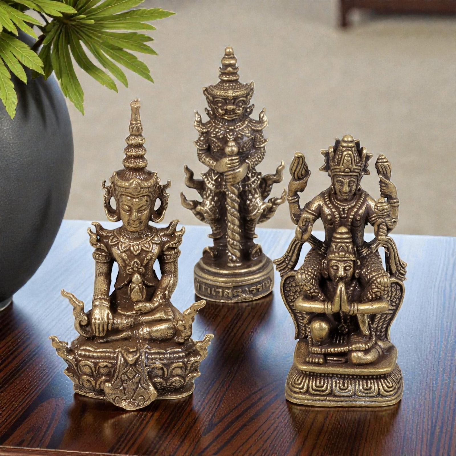 Thai Vintage Copper Alloy Devotional Deity Figures - 3pcs Set, 89ZB: This set of three devotional figures is crafted from copper alloy, exhibiting a warm aged patina and fine surface wear consistent with vintage Thai religious art. The pieces depict distinct Hindu-Budd