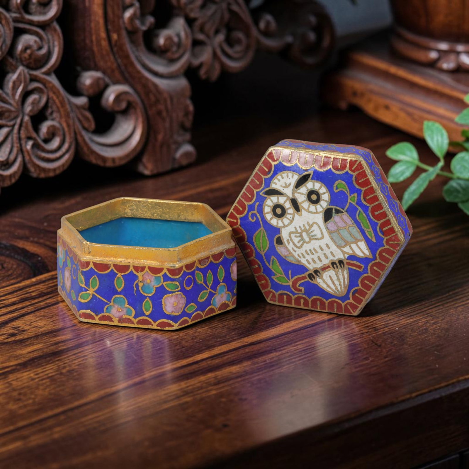 Vintage Chinese Copper Cloisonne Trinket Box - Owl Floral Blue Enamel Casket, 29AR: Crafted from copper base metal with gilded cloisonne wire filigree and hand-fired polychrome enamel glazes. This hexagonal hinged miniature casket features a rich cobalt blue enamel ground across lid 