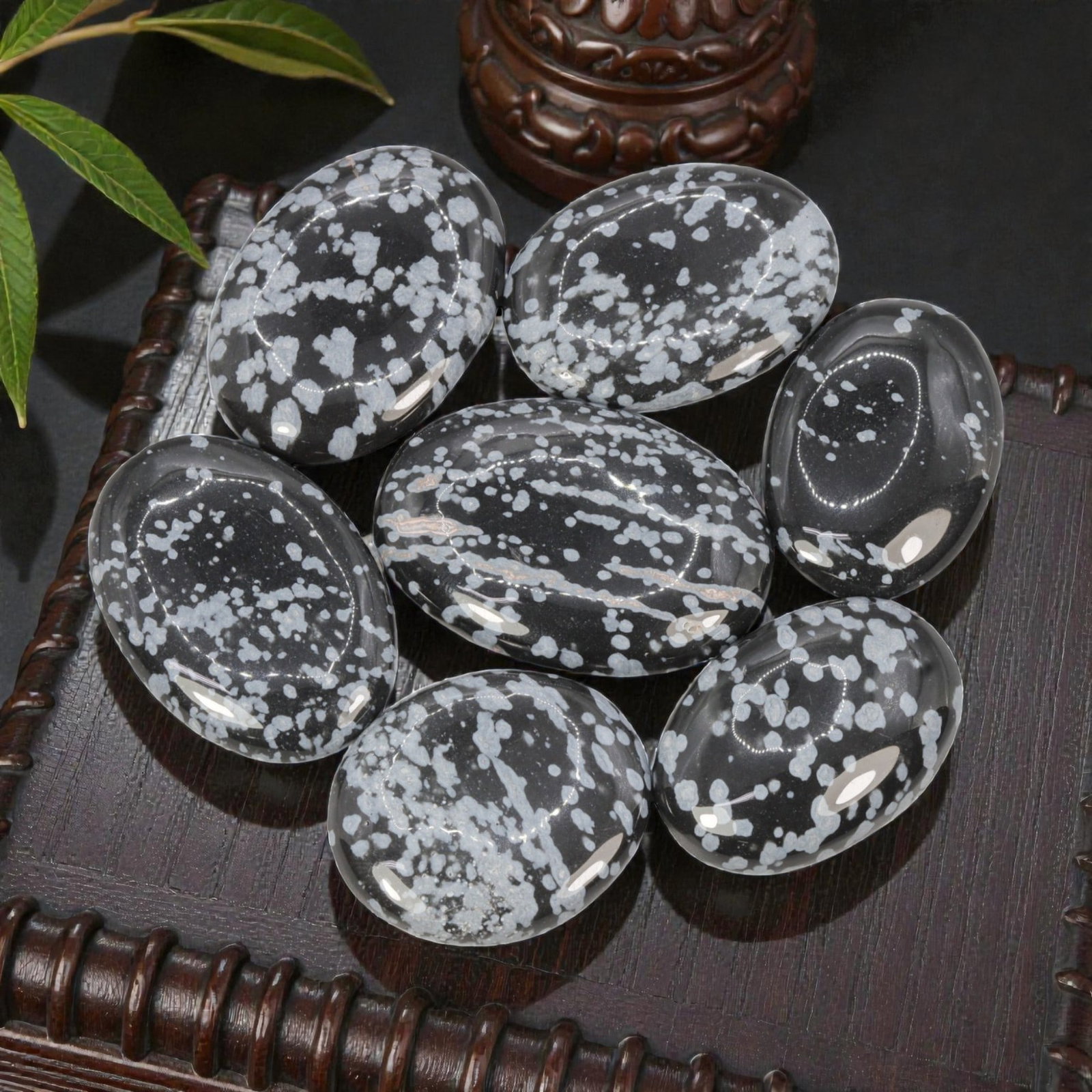 161.66 Carats Natural Snowflake Obsidian Cabochon Parcel (7 Pieces), 78WC: This elegant set of 7 polished snowflake obsidian cabochons features a dramatic contrast of deep, glossy black and delicate white "snowflake" patterns. Each oval-shaped cabochon showcases unique, radi