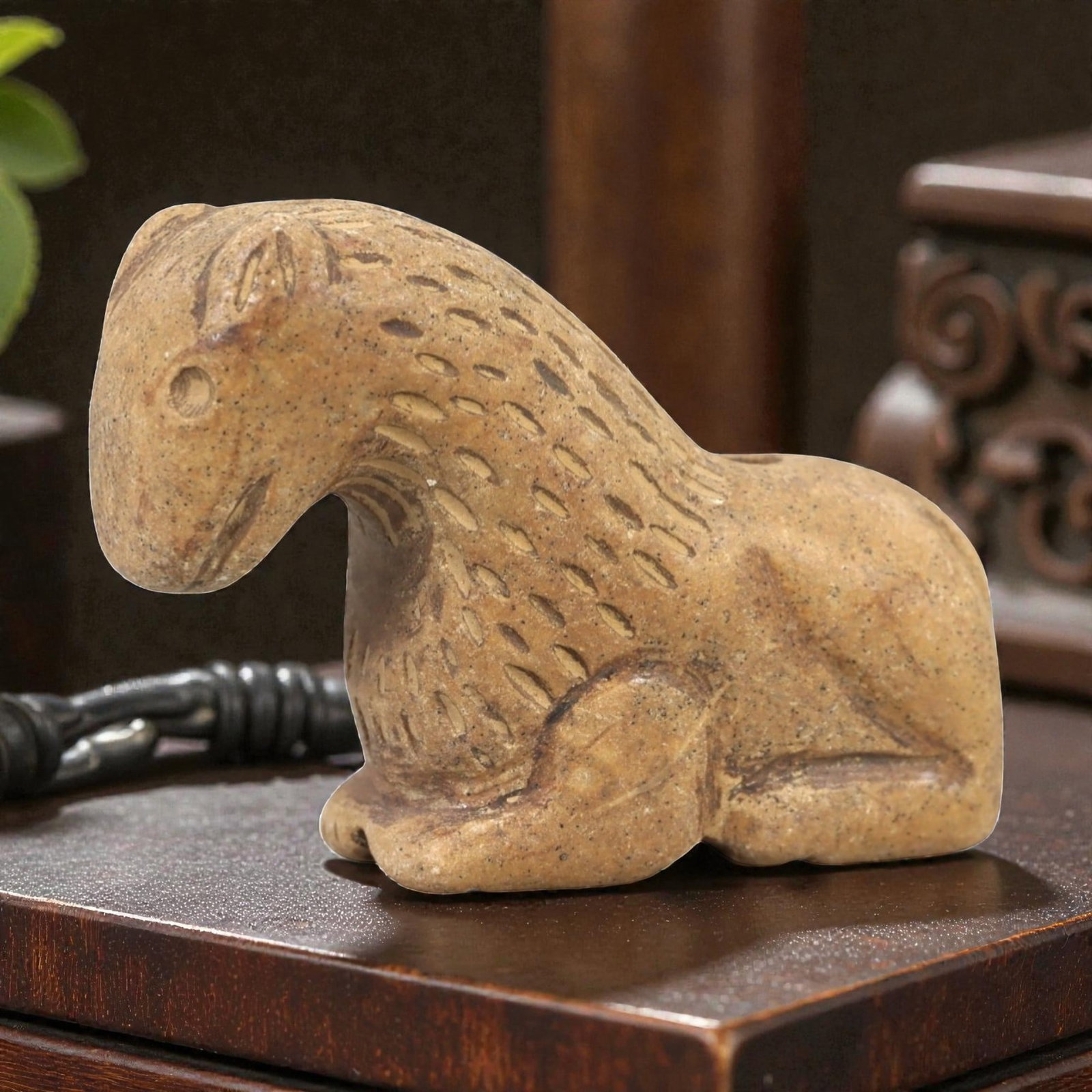 Ancient Stone Animal Amulet - Near Eastern Figurine, 86AL: Carved from tan speckled stone, this amulet depicts a recumbent quadrupedal animal, likely a canine or feline, with incised linear patterns across its body to denote fur. The head is rounded with a si