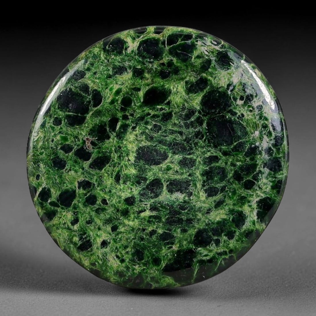 18.75ct Natural Burmese Type A Black Web Net Spotted Green Jadeite Jade Cabochon, 38FA: This single untreated natural Burmese Type A round jadeite jade cabochon weighs 18.75ct, with dimensions of 22.4x21.8x4.4mm. Vivid grass-green fibrous matrix forms an intricate lace-like web, enclosin