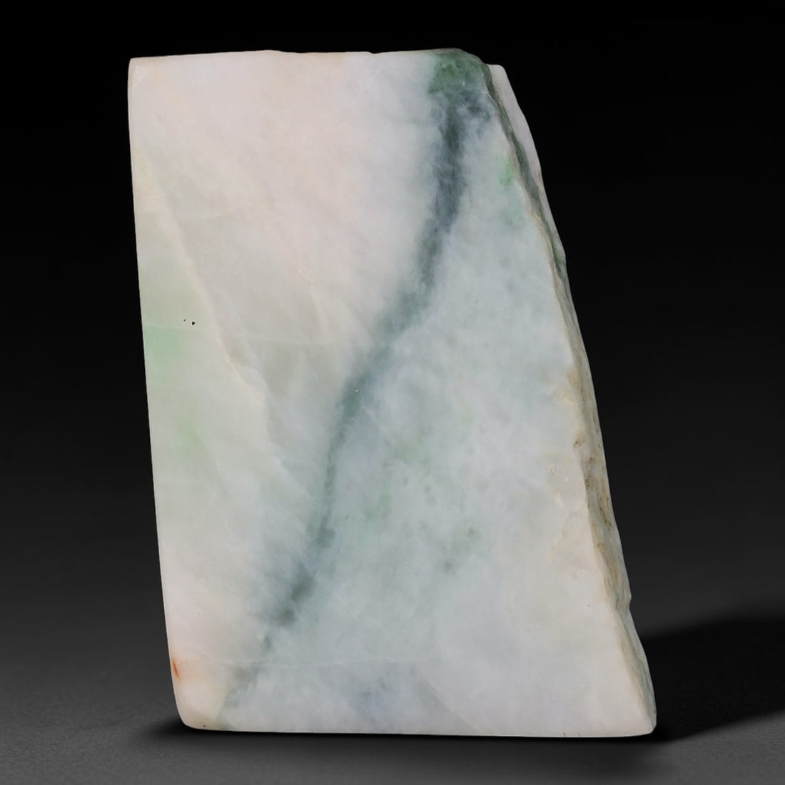 236ct Natural Type A Burmese Jadeite Jade Sliced Rough, 27YK: This specimen is a sliced rough block of natural Type A Burmese jadeite jade. The interior displays natural colour zoning with visible mineral veining and crystalline patterns typical of unprocessed j