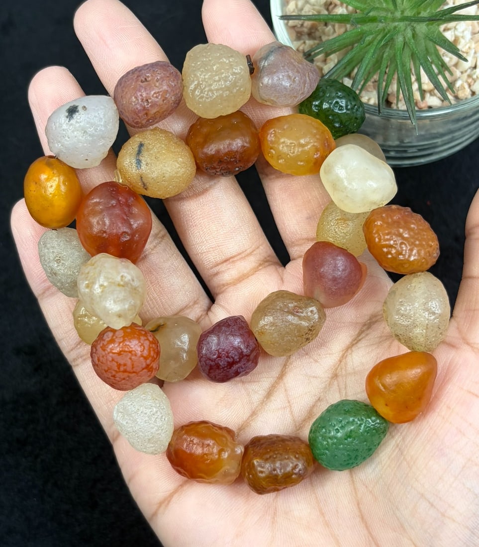 Lot of 2 Natural Gobi Desert Agate Pebble Beaded Bracelets, 58YJ: Matching set of two stretch bracelets crafted from natural Gobi desert raw agate pebble beads sized 13.5mm, each stone features unique weathered pitted textures and mixed vibrant earth tones including
