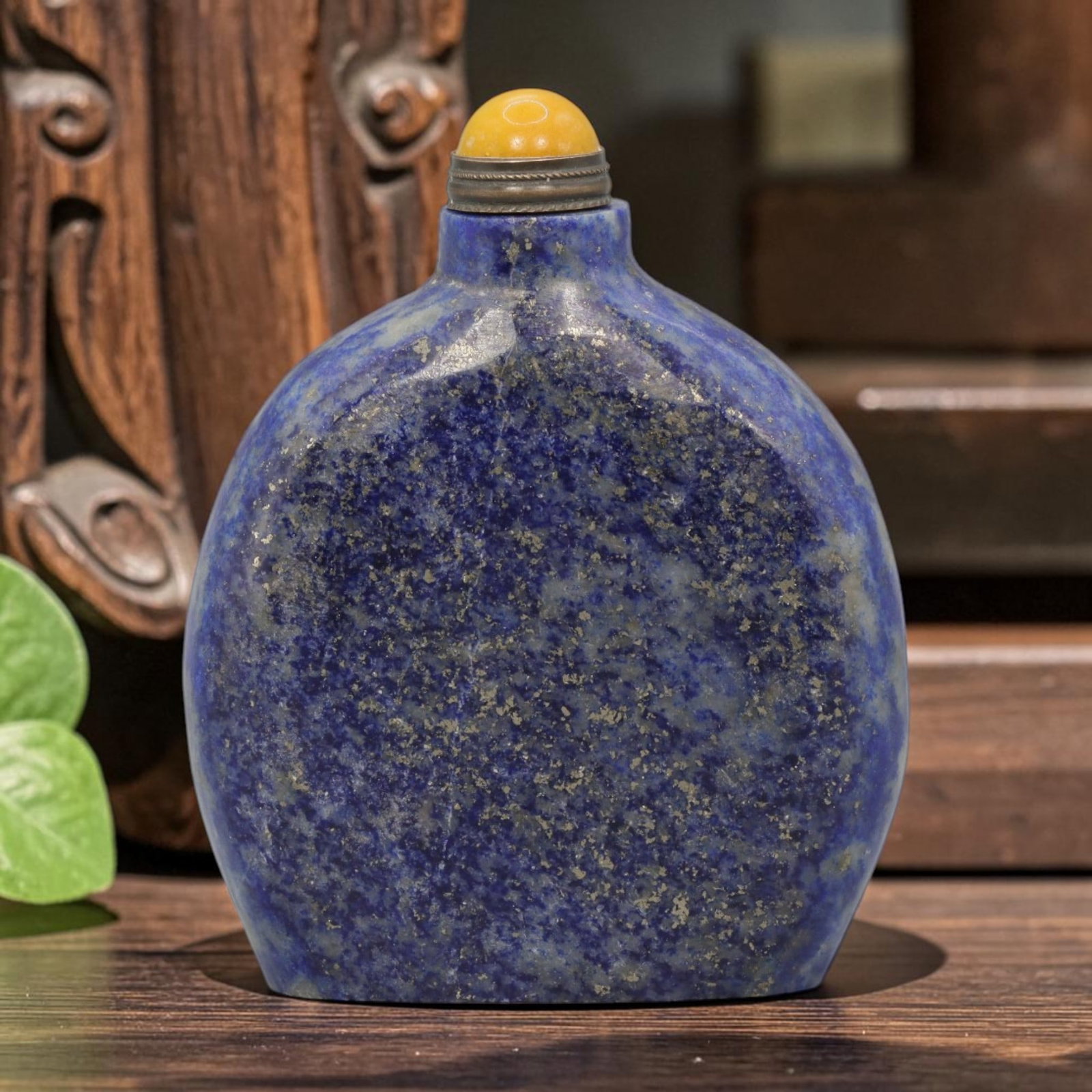 Vintage Chinese Lapis Lazuli Snuff Bottle - Classic Form, 54YF: Crafted from solid lapis lazuli, this vintage Chinese snuff bottle features a smooth, polished classic form. The stone exhibits a rich deep blue hue with natural pyrite inclusions and subtle calcite v