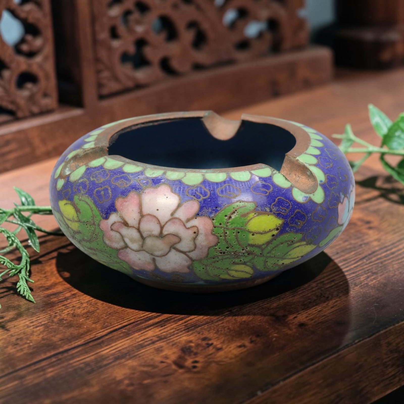 Vintage Chinese Copper Cloisonne Ashtray - Floral Enamel Censer, 42YF: Crafted from copper base metal with fine cloisonne wire filigree and hand-fired polychrome enamel glazes, this shallow round ashtray features a large stylized peony blossom against a rich cobalt blue 