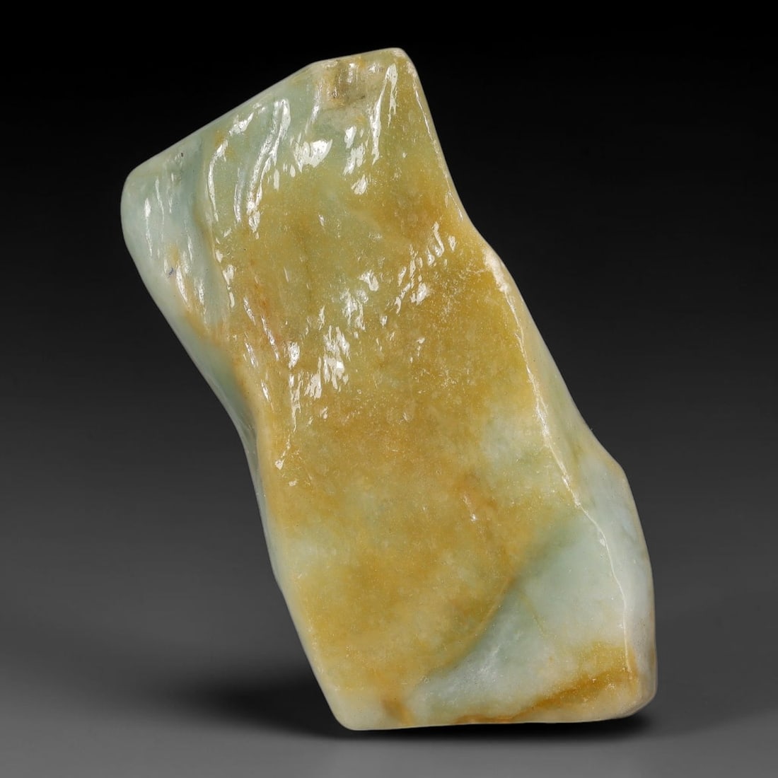 320ct Natural Type A Burmese Jadeite Jade Polished Sliced Rough, 40YN: This specimen is a sliced rough block of natural Type A Burmese jadeite jade. The interior displays natural colour zoning with visible mineral veining and crystalline patterns typical of unprocessed j