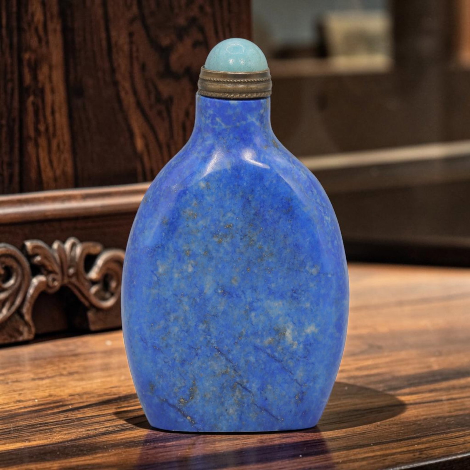 Vintage Chinese Lapis Lazuli Snuff Bottle - Slender Form, 46YF: Crafted from solid lapis lazuli, this vintage Chinese snuff bottle features a smooth, polished slender form. The stone exhibits a rich deep blue hue with natural pyrite inclusions and subtle calcite v