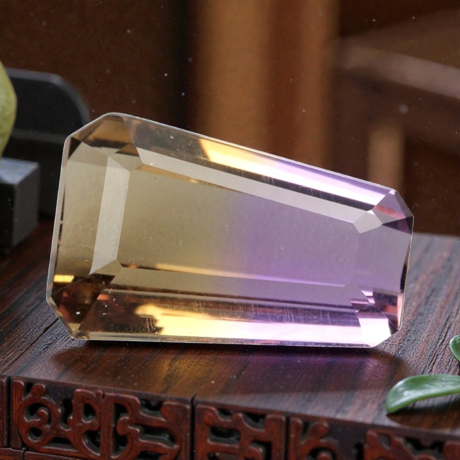 7.485 Carats Certified Violet and Yellow Ametrine - Natural Brazilian Gemstone, LZ269: This striking octagon step-cut ametrine showcases a seamless fusion of deep violet and warm golden-yellow hues, a signature characteristic of this dual-colored gem. The step-cut faceting enhances the 