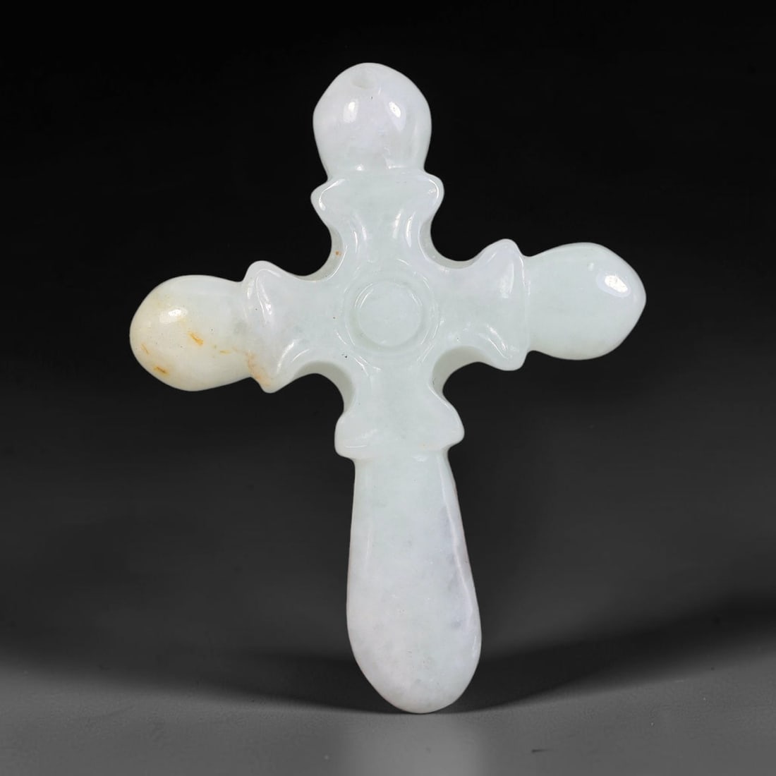 42.54ct Natural Burmese Type A Jadeite Jade Carved Cross Pendant, 74XZ: Hand-carved polished cross pendant crafted from genuine untreated Burmese Type A jadeite jade, featuring soft milky pale icy white base with faint natural warm yellow russet mineral speckles along the
