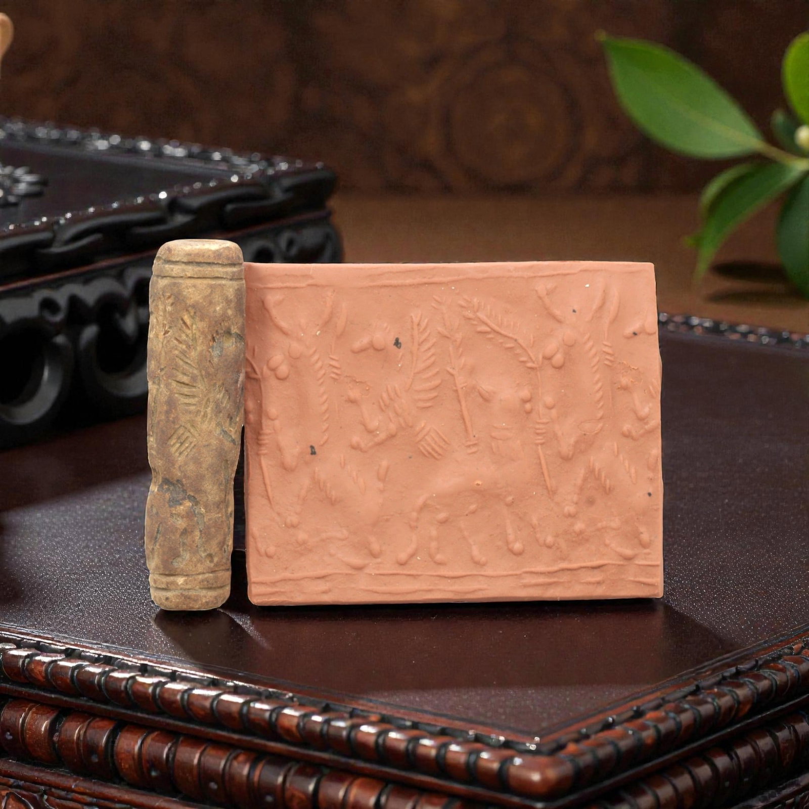 Ancient Steatite Cylinder Seal - Mesopotamian Animal Procession Scene, 88ZR: Carved from dense steatite, this ancient Mesopotamian cylinder seal features a linear relief procession of animal figures interspersed with botanical motifs, executed in the characteristic glyptic sty